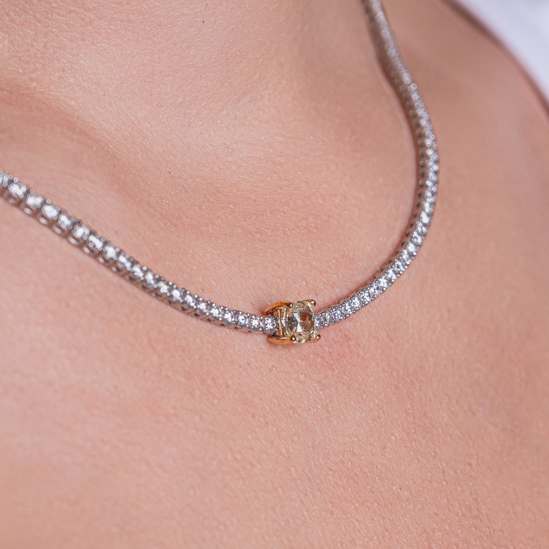 HALFWAY TENNIS NECKLACE WITH GIA YELLOW DIAMOND 14KWG