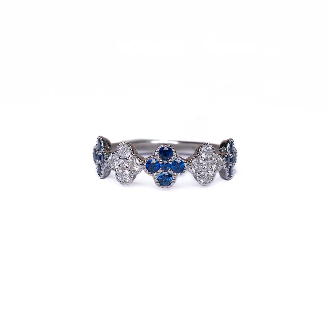 Flowers Blue Sapphire & Diamonds Ring 18KW