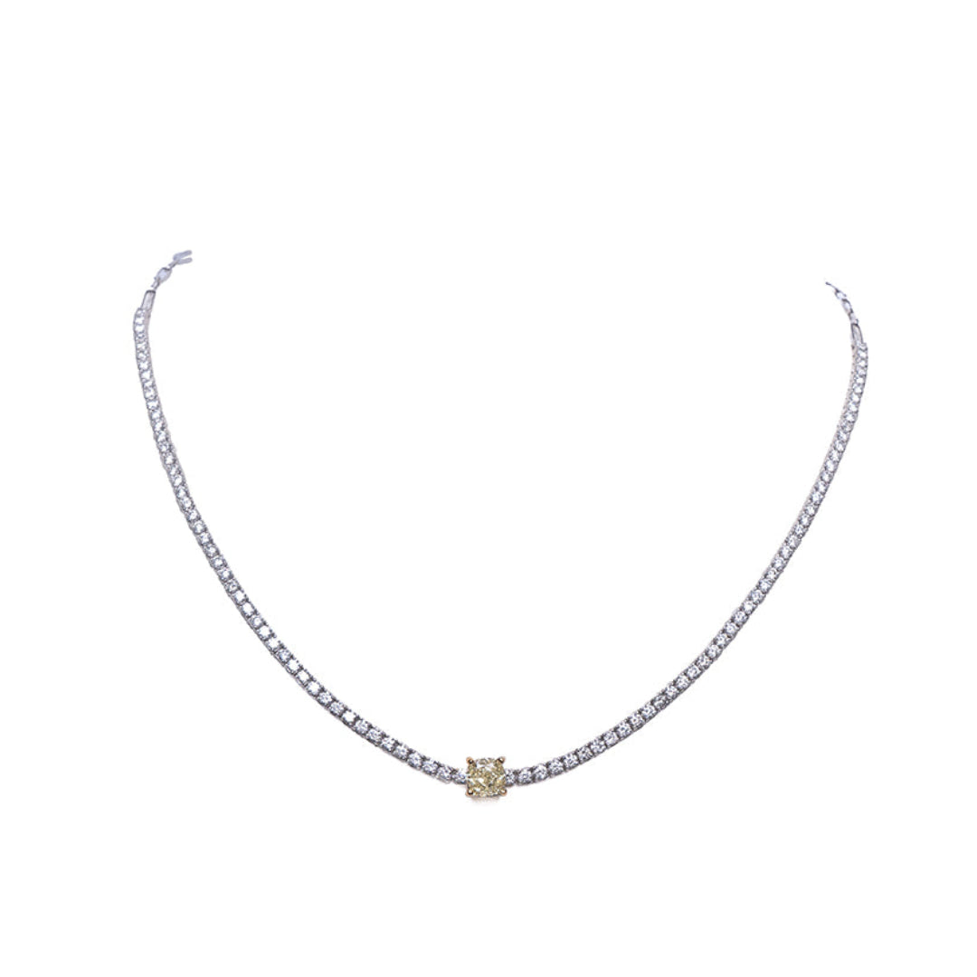 HALFWAY TENNIS NECKLACE WITH GIA YELLOW DIAMOND 14KWG