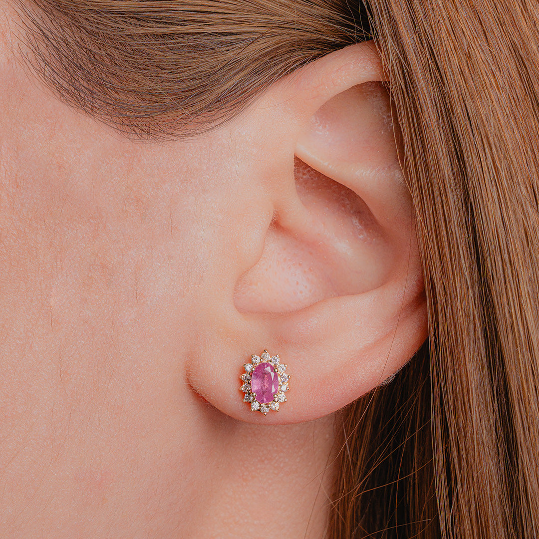 Pink Sapphire Oval Stud 14K