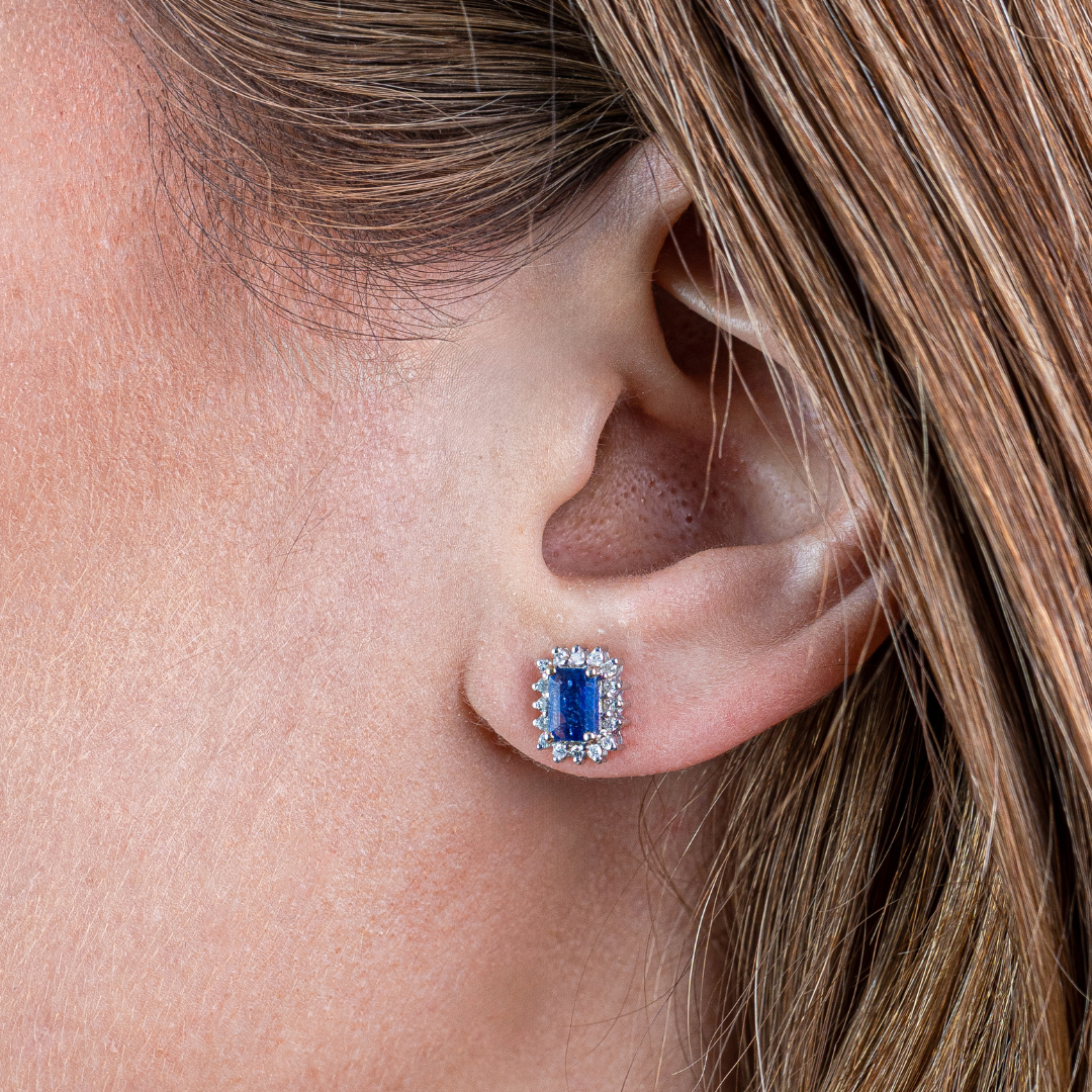 Blue Sapphire Emerald Cut Studs 14KW