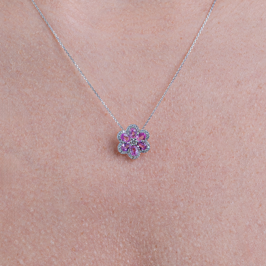 PINK SAPPHIRE FLOWER NECKLACE 18KW