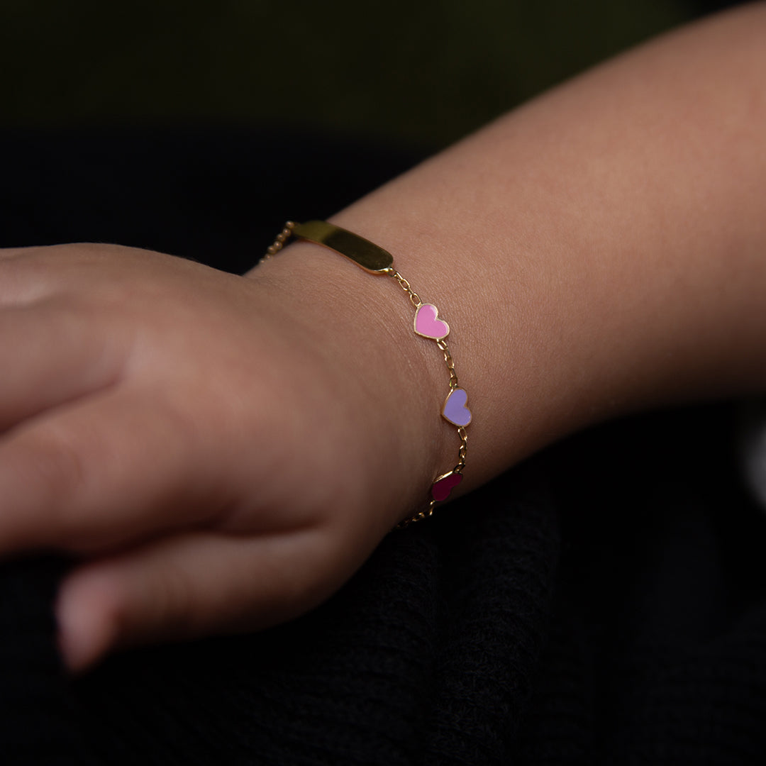 18K Solid Yellow Gold Flat and Puffy Hearts ID Bracelet 5.50 inches