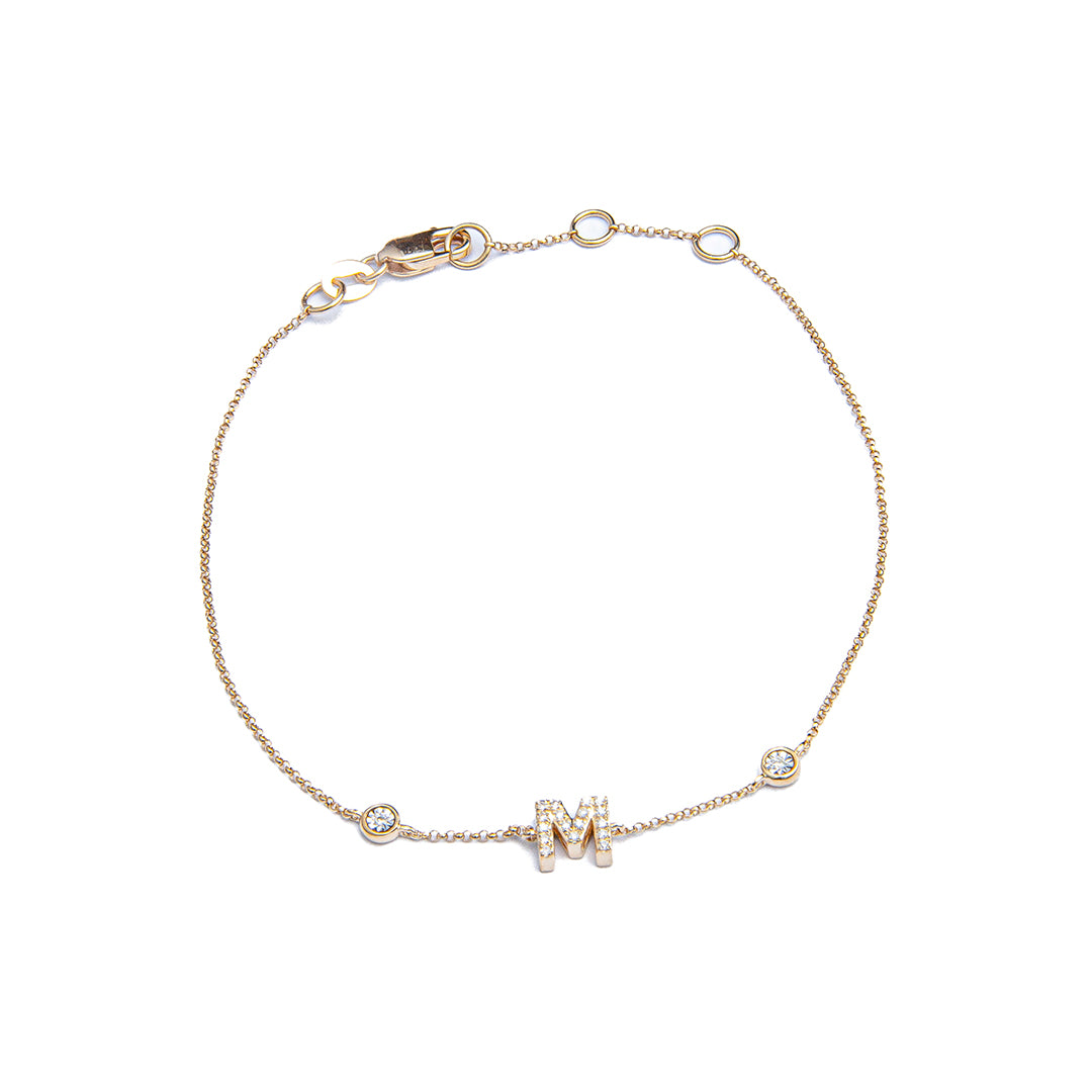 Bracelet 14K Yellow Gold Initial M Diamonds