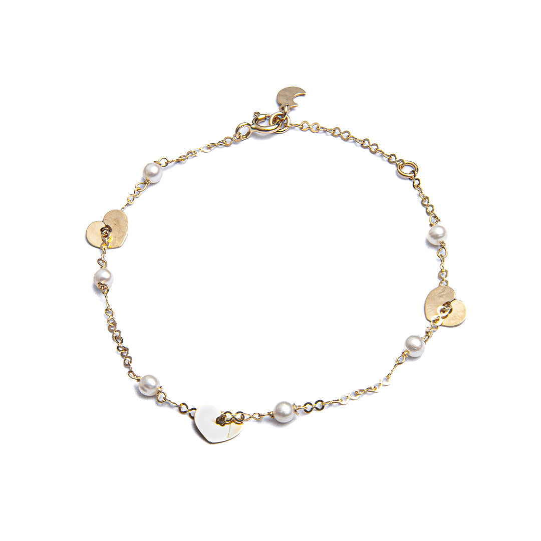 18K Solid Yellow Gold Hearts and Pearl Bracelet 7 inches