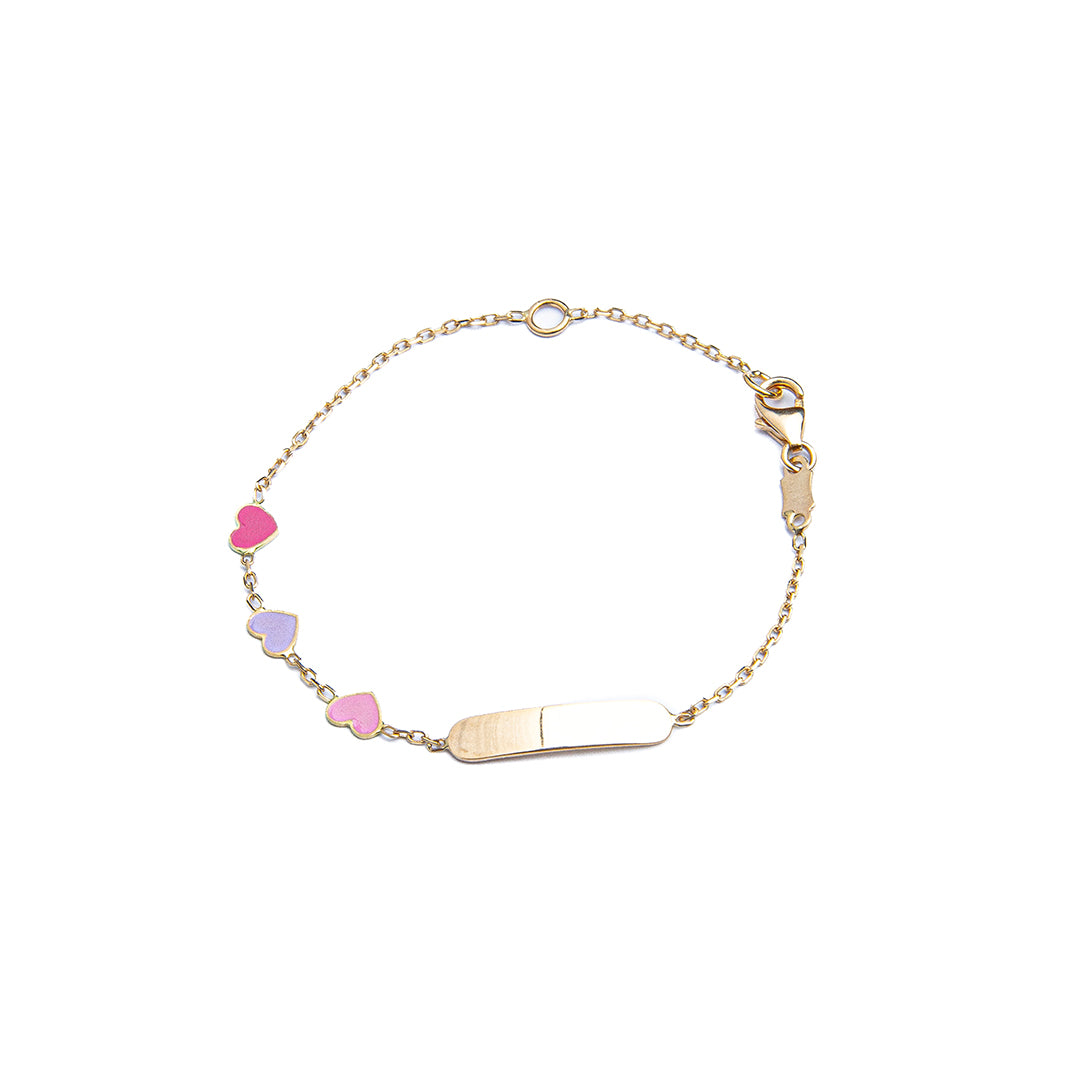 18K Solid Yellow Gold Flat and Puffy Hearts ID Bracelet 5.50 inches