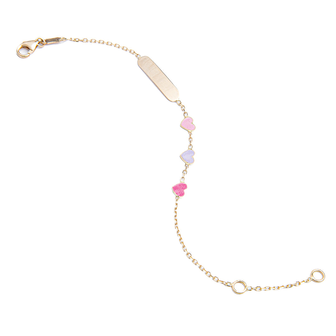 18K Solid Yellow Gold Flat and Puffy Hearts ID Bracelet 5.50 inches