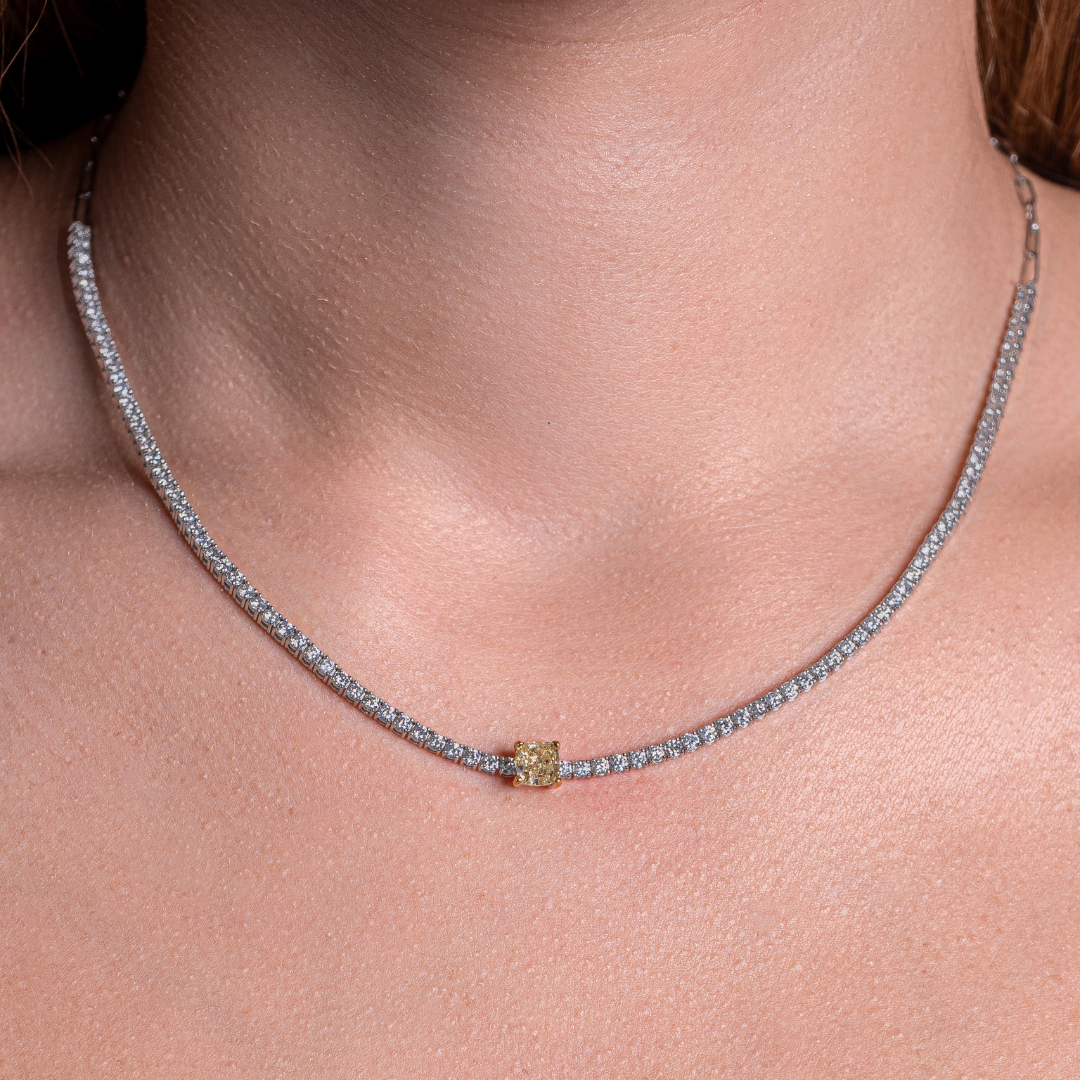 HALFWAY TENNIS NECKLACE WITH GIA YELLOW DIAMOND 14KWG