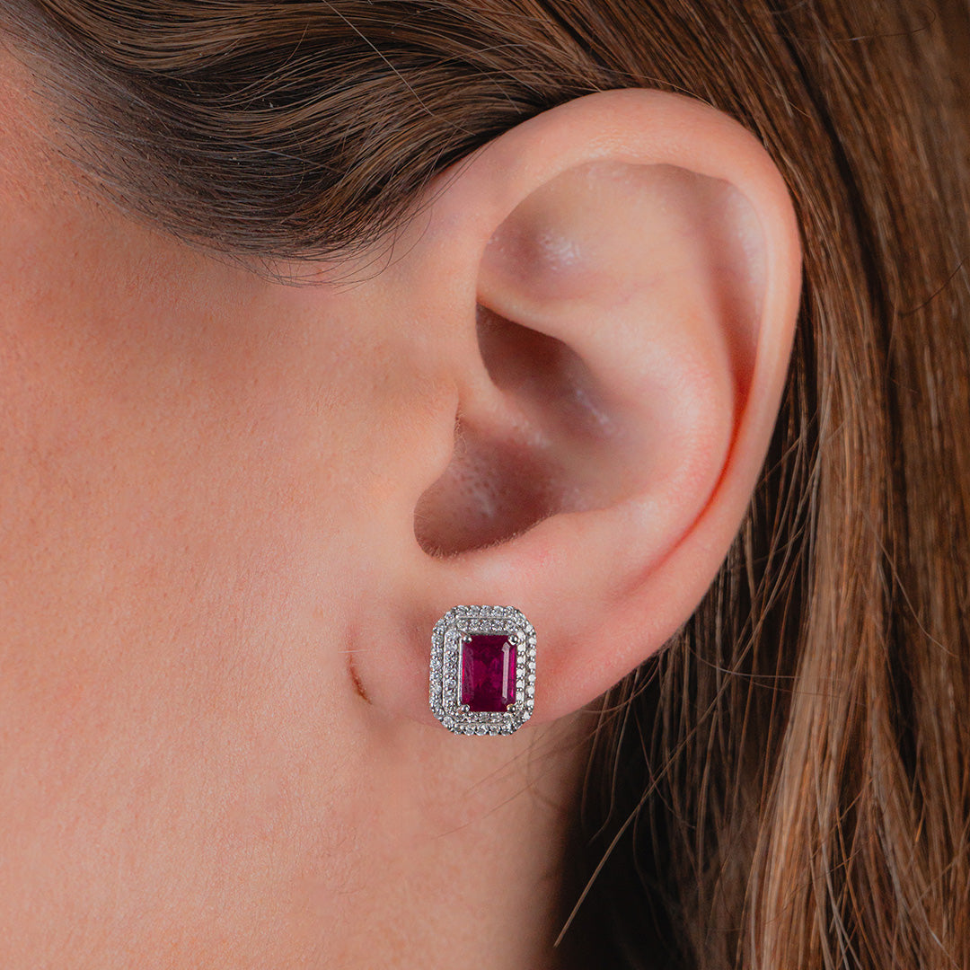 Ruby Diamond Halo Studs 14KW