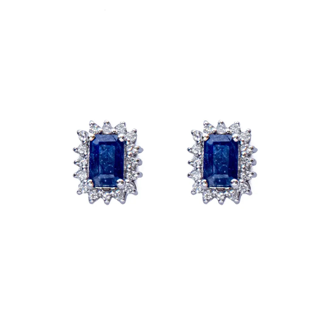 Blue Sapphire Emerald Cut Studs 14KW