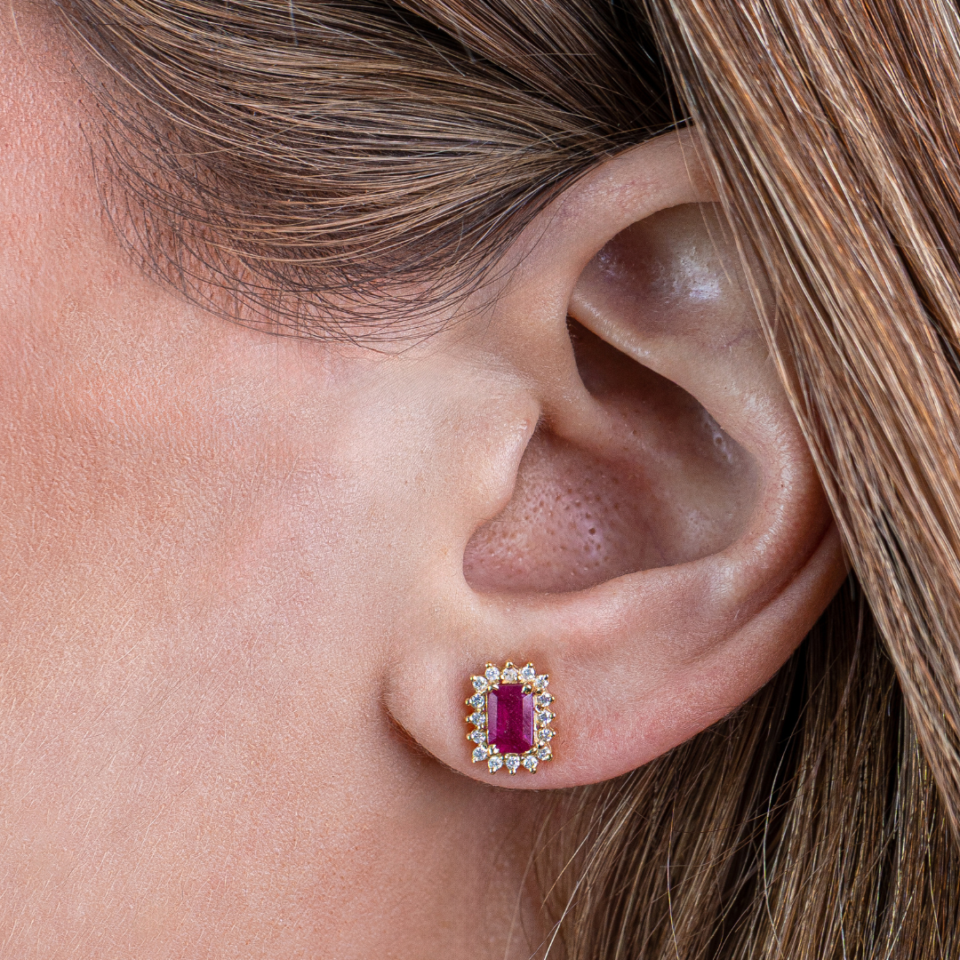 Emerald Cut Ruby Studs 14K
