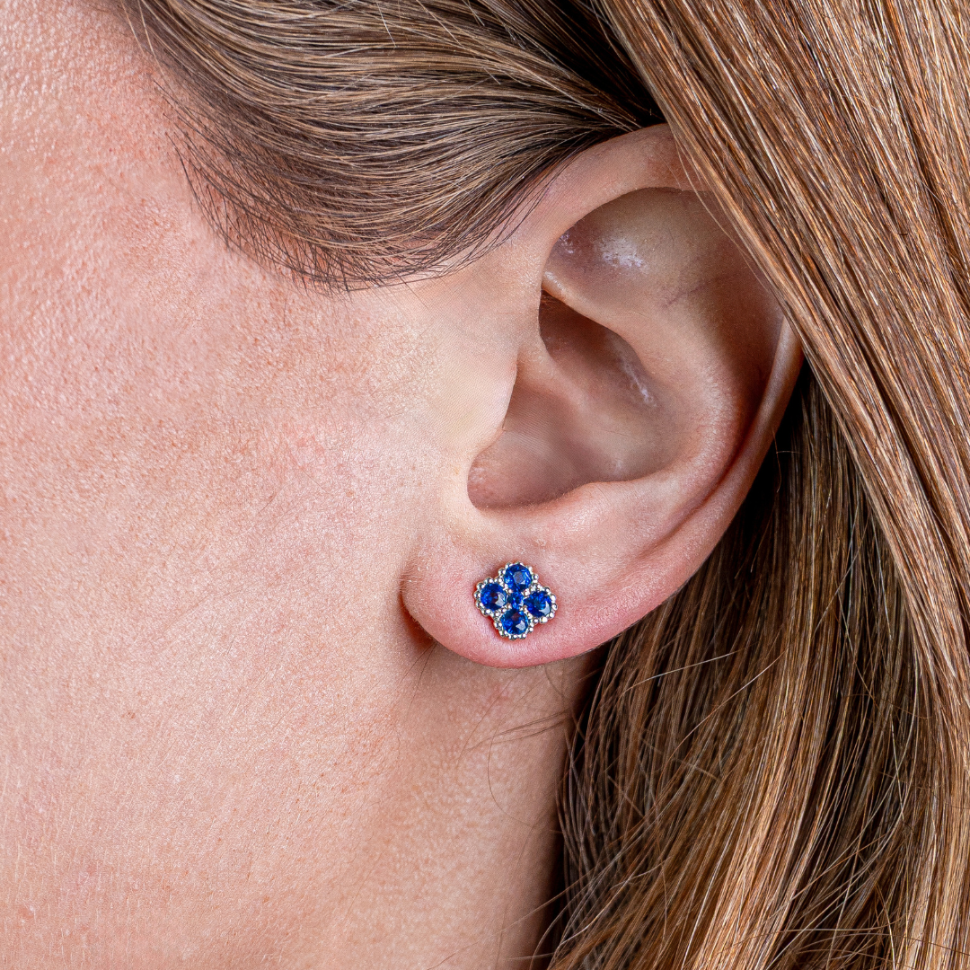 Blue Sapphire Flower Studs 18KW