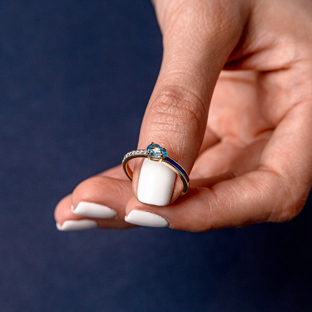 Ring 14K Sapphire Blue enamel Yellow Gold