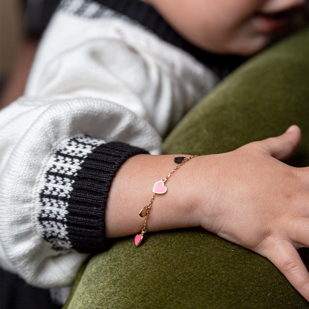 18K Yellow Gold Pink Enamel Heart Charm Bracelet 6 inches