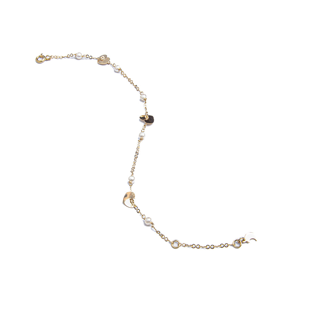 18K Solid Yellow Gold Hearts and Pearl Bracelet 7 inches