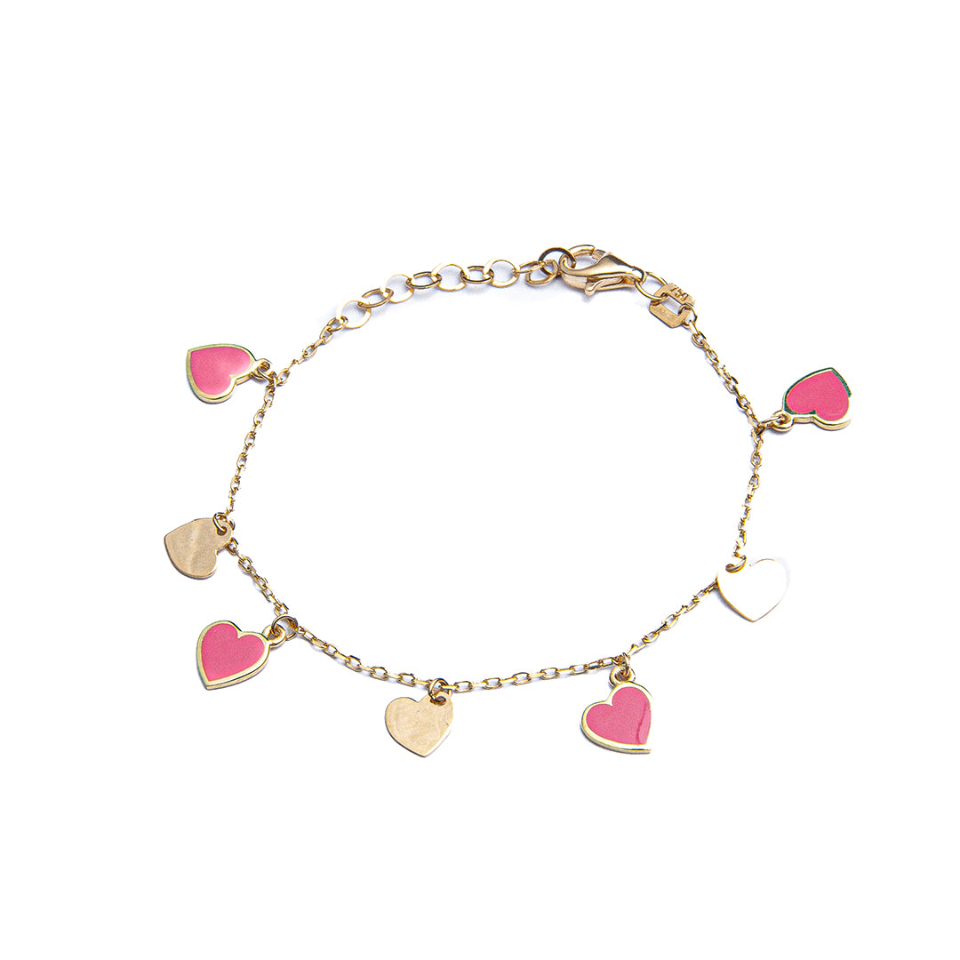 18K Yellow Gold Pink Enamel Heart Charm Bracelet 6 inches