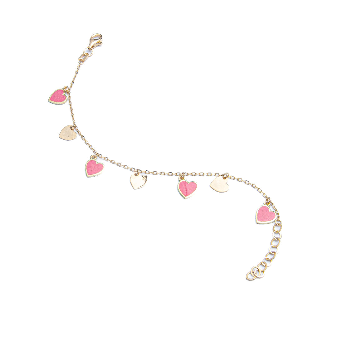 18K Yellow Gold Pink Enamel Heart Charm Bracelet 6 inches