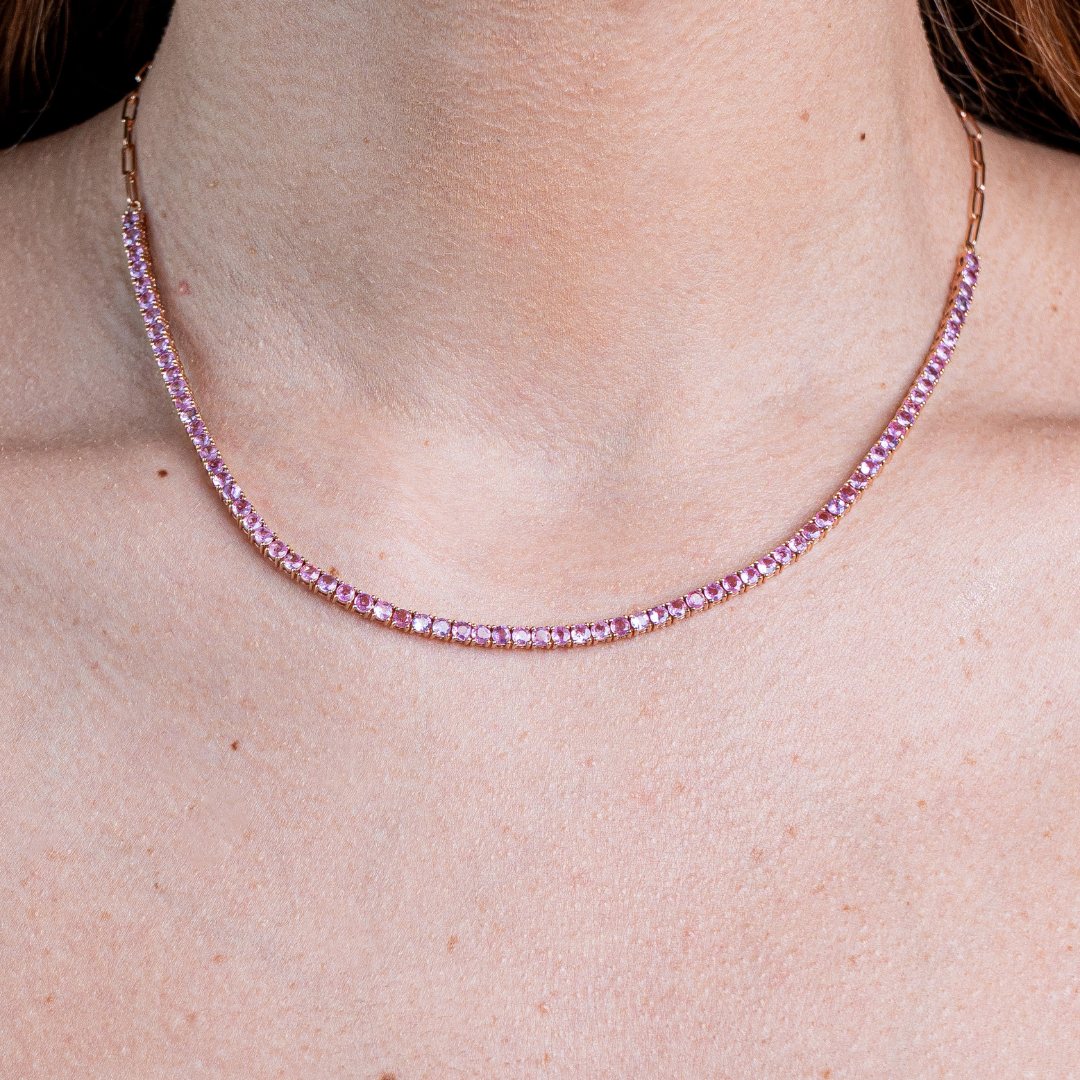 Half Tennis Necklace Pink Sapphire 14KRG