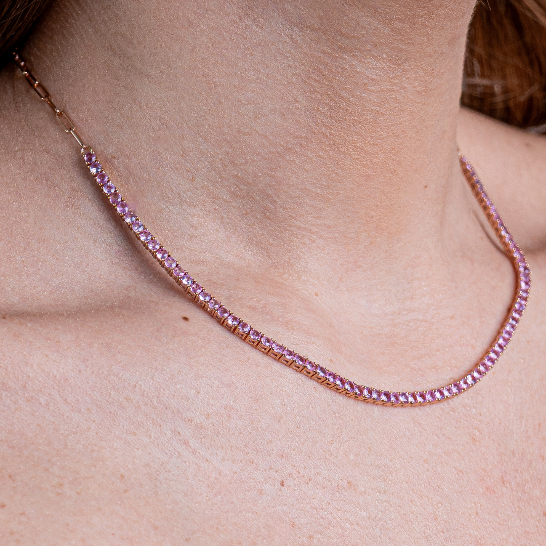 Half Tennis Necklace Pink Sapphire 14KRG