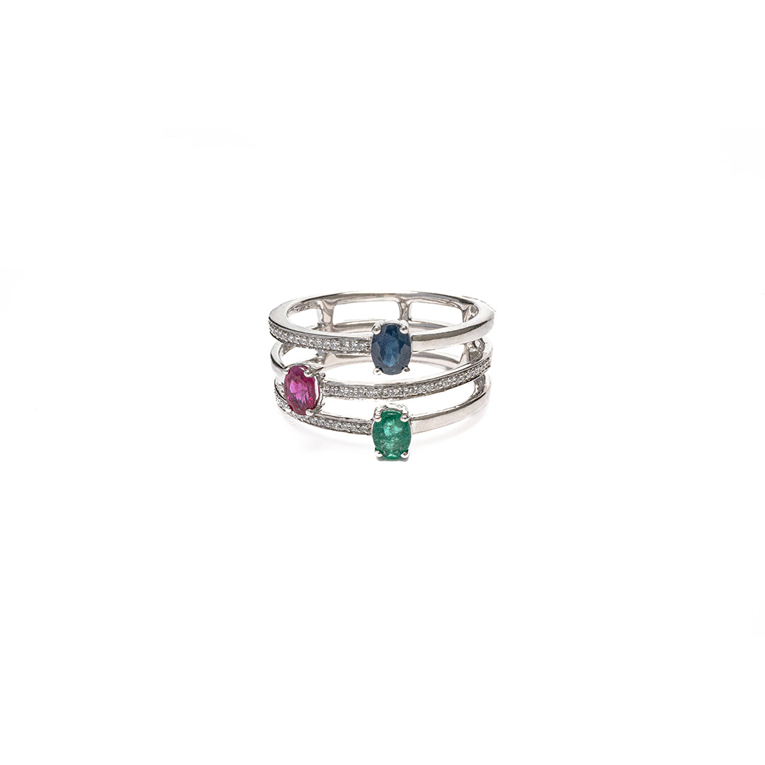 Sapphire, Emerald & Ruby Ring with Diamonds
